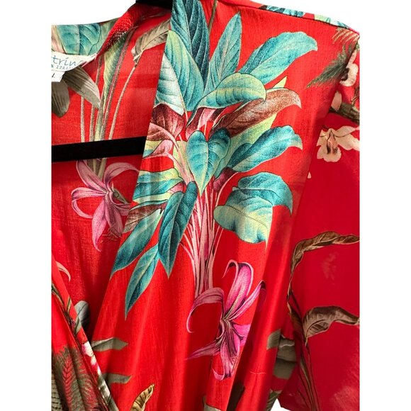 ✌️ 2/$40 ✌️ Italian Designer Red Floral Tie Wrap Dress with Ruffled Hem sz L - Picture 4 of 8